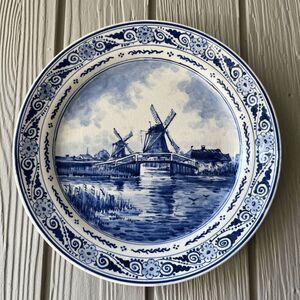 Vintage Hand Painted Delft Blue 10" Plate Windmill Scene Wired for Hanging
